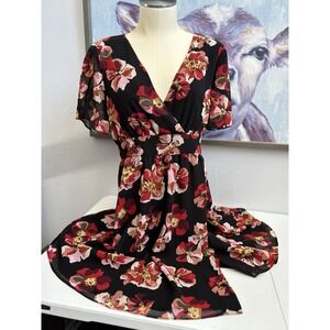 Madewell Women's Size 4‎ Black Pink Red Floral V-Neck Short Sleeve Lined Dress
